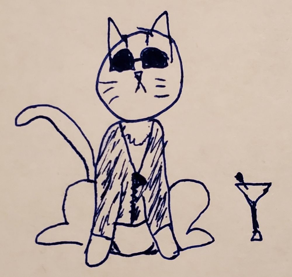 simple pen line drawing of a cat wearing sunglasses and a leather jacket, with a martini next to her.