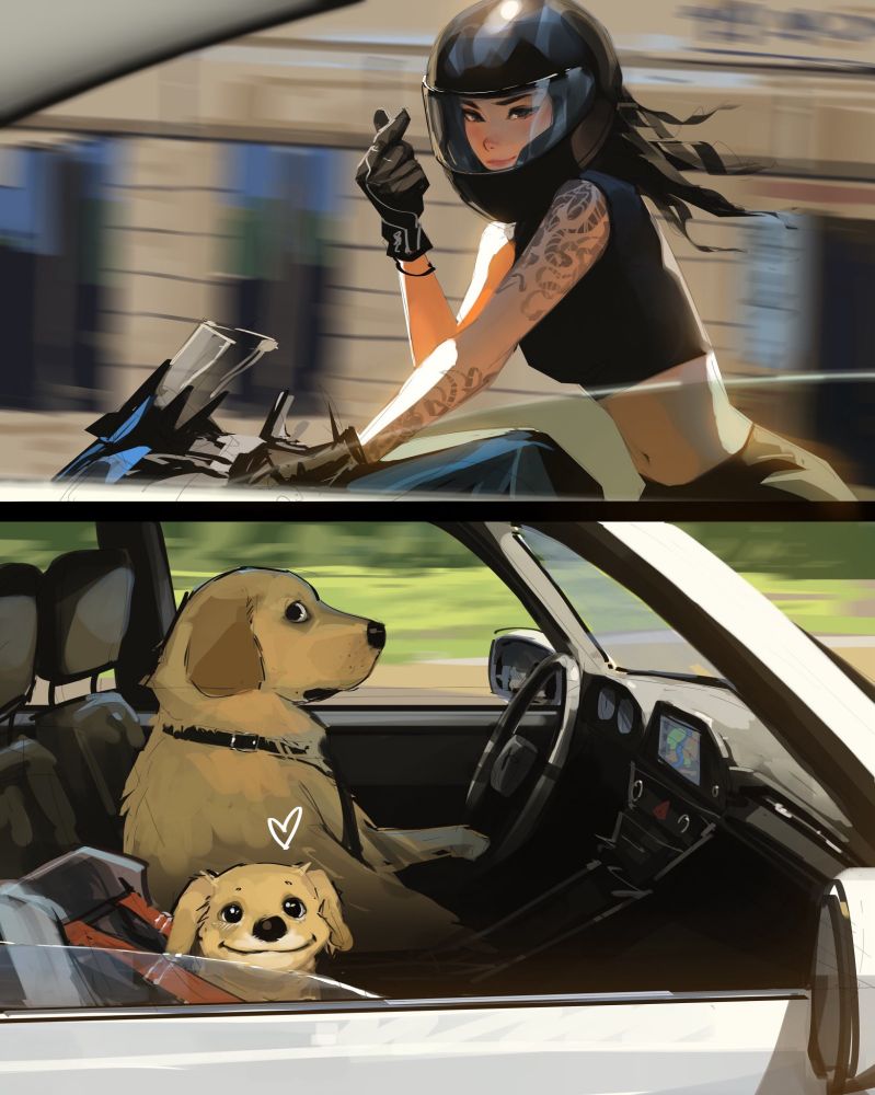 illustration with two views. the first is a woman on a moving motorcycle looking into a car. the second is two dogs, one at the steering wheel (a Labrador) and a smaller dog in the front passenger seat. the dog in the passenger seat is smiling at the woman