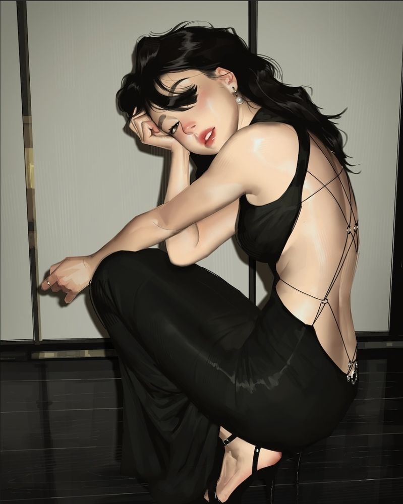 digital illustration of a crouching woman in a long black dress. She has black hair and is white. The illustration imitates the light of a photography flash