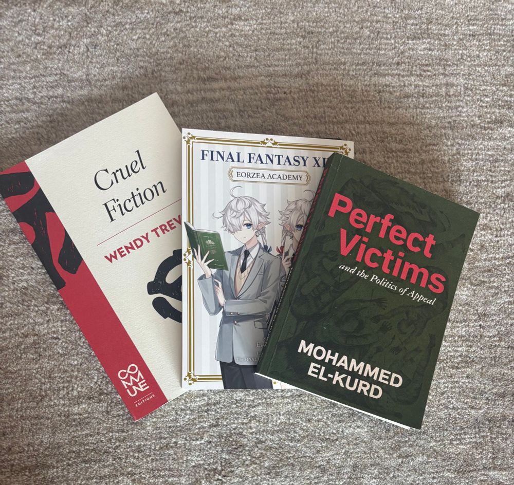 photograph of 3 books on a beige rug; cruel fiction by Wendy Trevino, final fantasy xiv eorzea academy, & perfect victims by Mohammed el Kurd