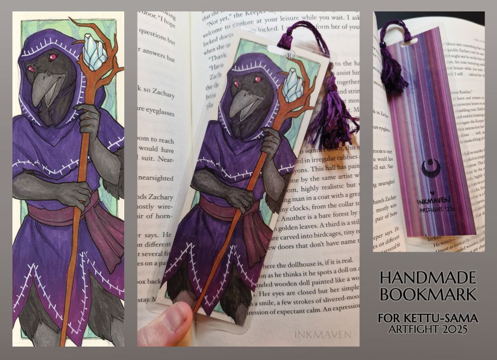 Images of a bookmark picturing a Kenku in purple garb. He carried a twisted wooden staff with a large crystal.

The tassel is a vibrant, deep purple with and iridescent blue-purple bead.