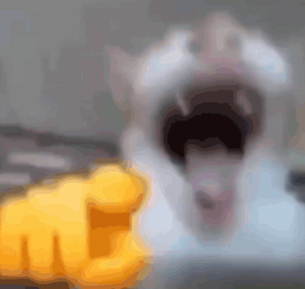 a blurry picture of a cat with its mouth open and a yellow fist in front of it