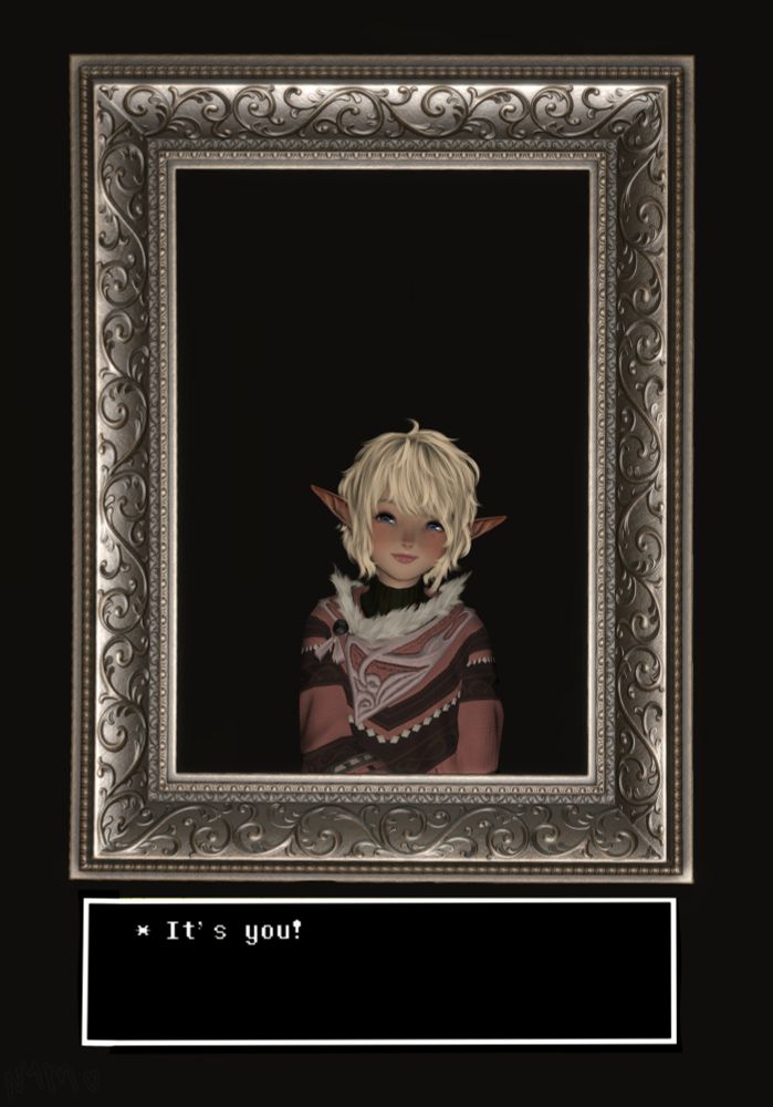 A young veira and elezen mixed boy sits in front of a mirror, below text reads " Its you!" 
