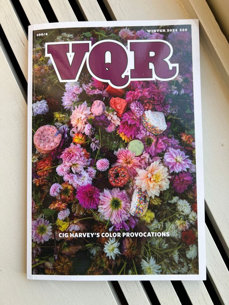 VQR Winter 2004 issue. Cover is a vibrant, colorful image—a mixture of flowers, pieces of cake and doughnuts with lots of sprinkles. Shades of orange, pink, and purple. The pastries are almost camouflaged in with the flowers. Stunning artwork by Cig Harvey