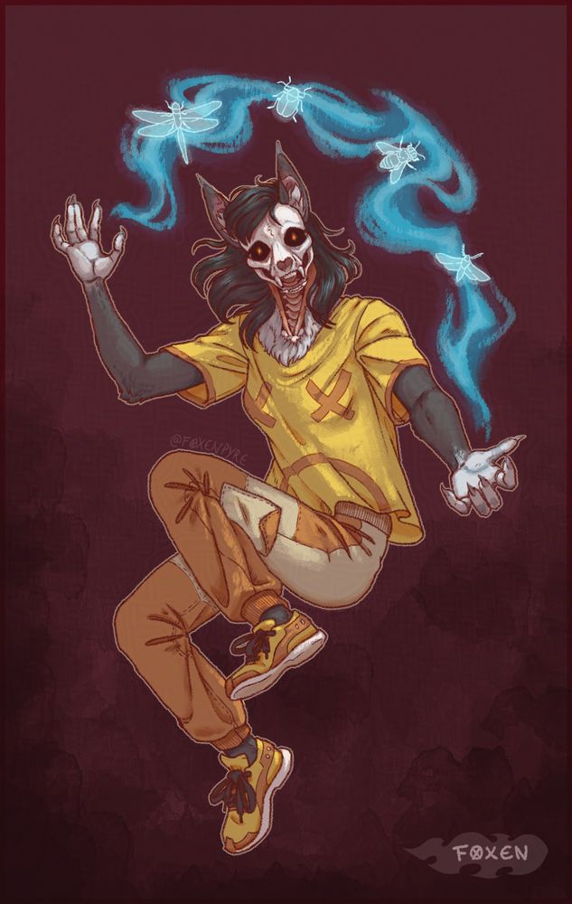 A fullbody illustration of an anthropomorphic cat character, with grey fur and exposed skull and neck muscles. The jaw is open in a grin, and her eyes are two floating sparks of light. She's in a dynamic jumping pose, with blue magical smoke drawing an arc over her head and magical glowing shapes of a dragonfly, a beetle, a honeybee and a moth.