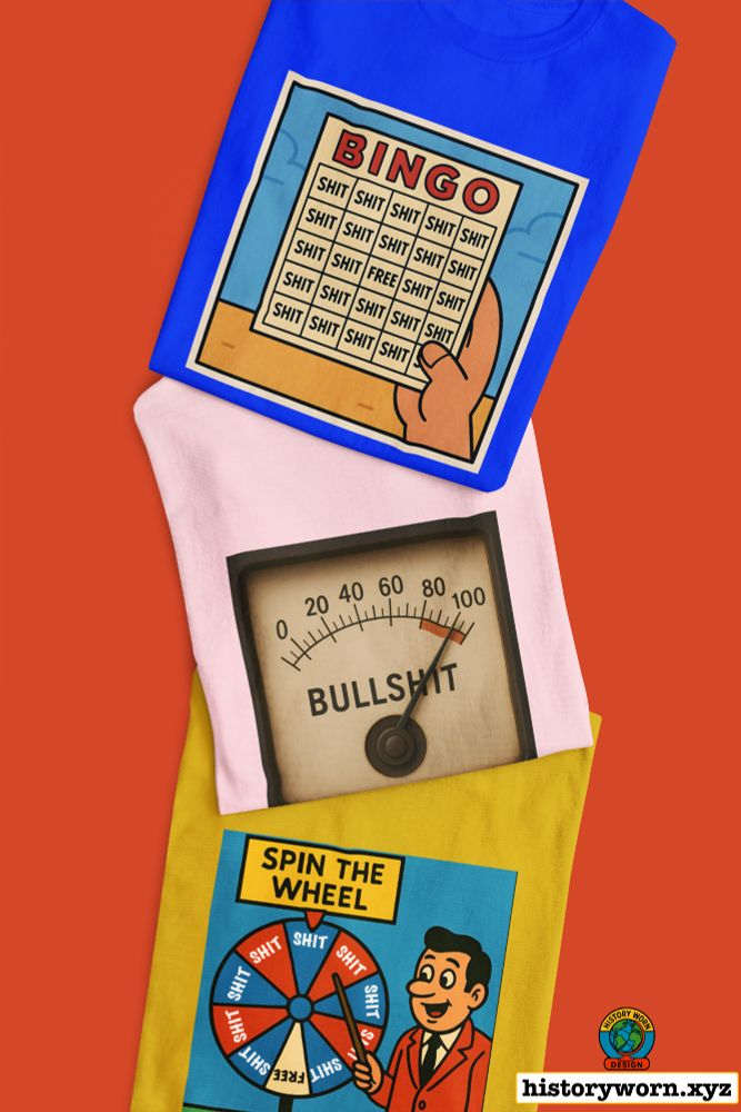 Three graphic T shirts show humorous profanity designs: a bingo card filled with the word “shit,” a gauge labeled “bullshit” near maximum, and a retro style man hosting a wheel mostly labeled “shit.” Bright colors and cartoon art emphasize satire.