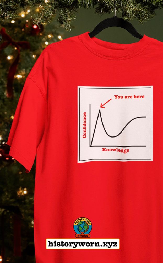 A red T-shirt featuring a simple confidence versus knowledge graph. An arrow labeled “You are here” points to the early confidence peak. The design appears inside a white box, with “Confidence” and “Knowledge” on the axes and a History Worn Design logo and URL at the bottom.
