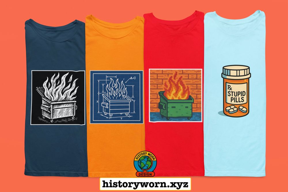 The image shows four colorful T-shirts displayed on an orange background. Each shirt has a unique graphic: three feature different artistic renditions of a dumpster fire, while the fourth displays a cartoon pill bottle labeled “Stupid Pills.” At the bottom, a logo and website “historyworn.xyz” are visible.