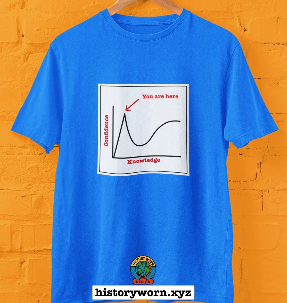 Bright blue t-shirt featuring a Dunning-Kruger effect graph with “Confidence” vs. “Knowledge” axes. A red arrow points to the peak of overconfidence labeled “You are here.” Bold, clean design with red text. Displayed on a hanger against an orange brick wall, branded with the History Worn logo and URL.