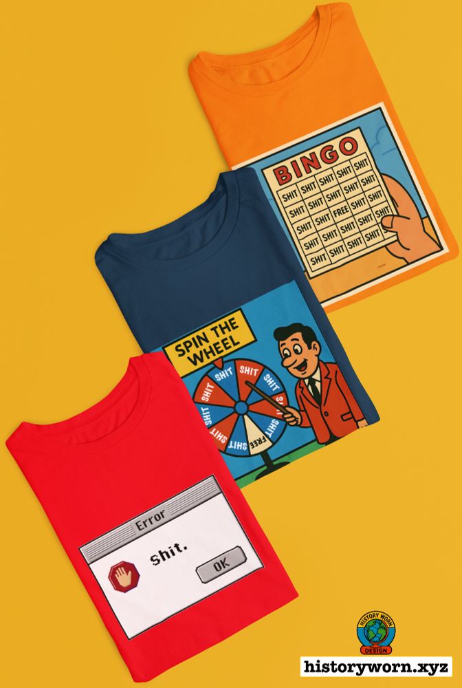 The image shows three folded t-shirts arranged on a yellow surface. Each shirt has a humorous graphic design featuring the word “shit” as a recurring theme.

The top orange shirt has a “BINGO” card where every square reads “SHIT,” except for the center “FREE” space.

The middle navy shirt depicts a “SPIN THE WHEEL” game show-style graphic, with the wheel sections labeled “SHIT” and one “FREE.”

The bottom red shirt shows an old-style computer error window with the message “Error: Shit.” and an “OK” button.

At the bottom right corner is a small circular logo reading “HISTORY WORN DESIGN,” next to the website “historyworn.xyz.”