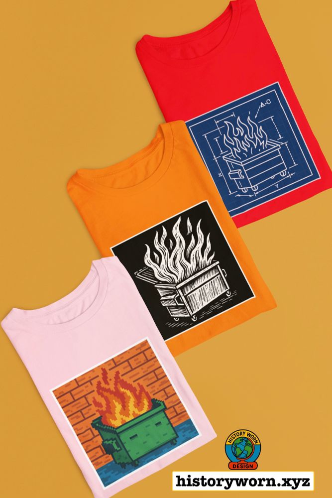 Three graphic T-shirts are displayed on a gold background. Each shirt features a different dumpster fire illustration including a blueprint style design, a bold black and white woodcut style design, and a colorful pixel art design. A small History Worn Design logo and the URL historyworn.xyz appear at the bottom.