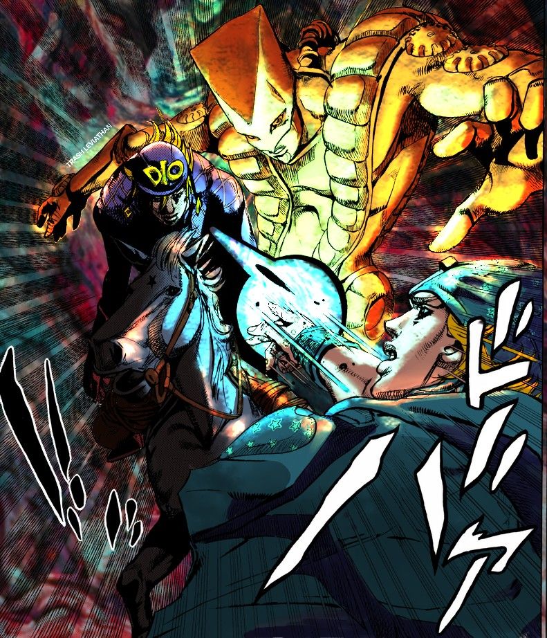 My coloring of Johnny Joestar firing a nail bullet at Diego "Dio" Brando from another world.