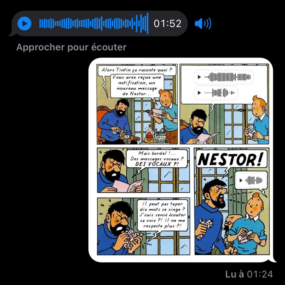 Capitaine Haddock, Tintin et Nestor à propos des messages vocaux 