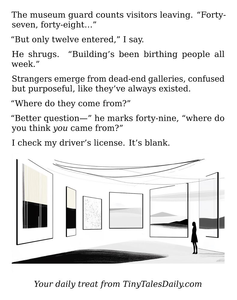 The museum guard counts visitors leaving. "Forty-seven, forty-eight..."

"But only twelve entered," I say.

He shrugs. "Building's been birthing people all week."

Strangers emerge from dead-end galleries, confused but purposeful, like they've always existed.

"Where do they come from?"

"Better question—" he marks forty-nine, "where do you think *you* came from?"

I check my driver's license. It's blank.

---

*Enjoyed today's story? Share your thoughts and follow us for more tiny daily tales.*

#vcc365 #Surreal #Existential #Mystery #Weird #Philosophy #Horror #Identity #Reality
