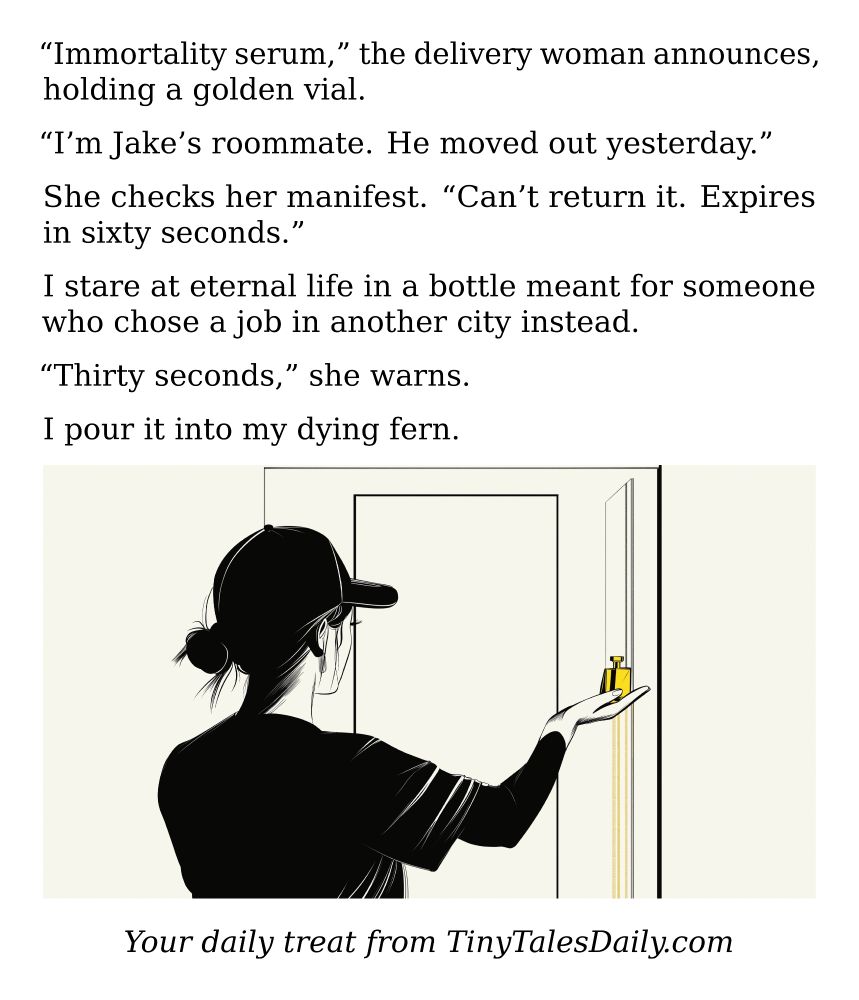 "Immortality serum," the delivery woman announces, holding a golden vial.

"I'm Jake's roommate. He moved out yesterday."

She checks her manifest. "Can't return it. Expires in sixty seconds."

I stare at eternal life in a bottle meant for someone who chose a job in another city instead.

"Thirty seconds," she warns.

I pour it into my dying fern.

---

*Enjoyed today's story? Share your thoughts and follow us for more tiny daily tales.*

#vcc365 #Immortality #EternalLife #SciFi #Humor #Irony #LifeChoices #Plants #UnexpectedTwist
