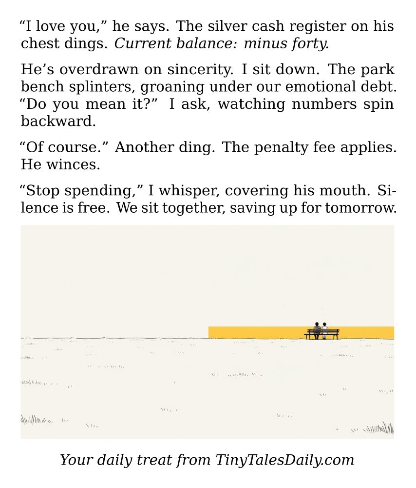 "I love you," he says. The silver cash register on his chest dings. *Current balance: minus forty.*

He's overdrawn on sincerity. I sit down. The park bench splinters, groaning under our emotional debt. "Do you mean it?" I ask, watching numbers spin backward.

"Of course." Another ding. The penalty fee applies. He winces.

"Stop spending," I whisper, covering his mouth. Silence is free. We sit together, saving up for tomorrow.

---

*Enjoyed today's story? Share your thoughts and follow us for more tiny daily tales.*

#Love #Romance #Relationships #Emotions #Heartbreak #Couple #TrueLove #Feelings

Your daily treat from TinyTalesDaily.com