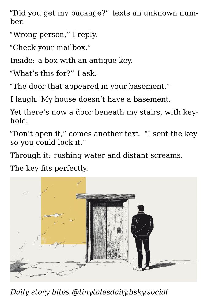 "Did you get my package?" texts an unknown number.

"Wrong person," I reply.

"Check your mailbox."

Inside: a box with an antique key.

"What's this for?" I ask.

"The door that appeared in your basement."

I laugh. My house doesn't have a basement.

Yet there's now a door beneath my stairs, with keyhole.

"Don't open it," comes another text. "I sent the key so you could lock it."

Through it: rushing water and distant screams.

The key fits perfectly.

---

*Enjoyed today's story? Share your thoughts and follow us for more tiny daily tales.*

#vcc365 #Mystery #Thriller #Suspense #Horror #Paranormal #Creepy #Scary #Supernatural

