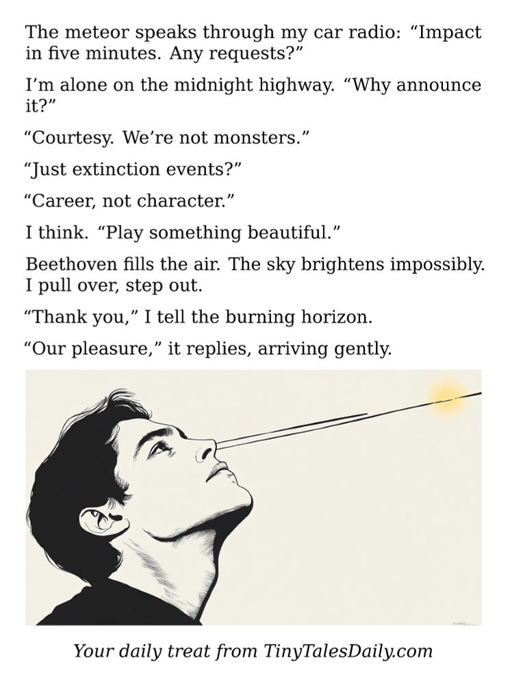 The meteor speaks through my car radio: "Impact in five minutes. Any requests?"

I'm alone on the midnight highway. "Why announce it?"

"Courtesy. We're not monsters."

"Just extinction events?"

"Career, not character."

I think. "Play something beautiful."

Beethoven fills the air. The sky brightens impossibly. I pull over, step out.

"Thank you," I tell the burning horizon.

"Our pleasure," it replies, arriving gently.

---

*Enjoyed today's story? Share your thoughts and follow us for more tiny daily tales.*

#vcc365 #Meteor #Apocalypse #Beethoven #ClassicalMusic #Doomsday #Extinction #Armageddon #EndOfTheWorld

