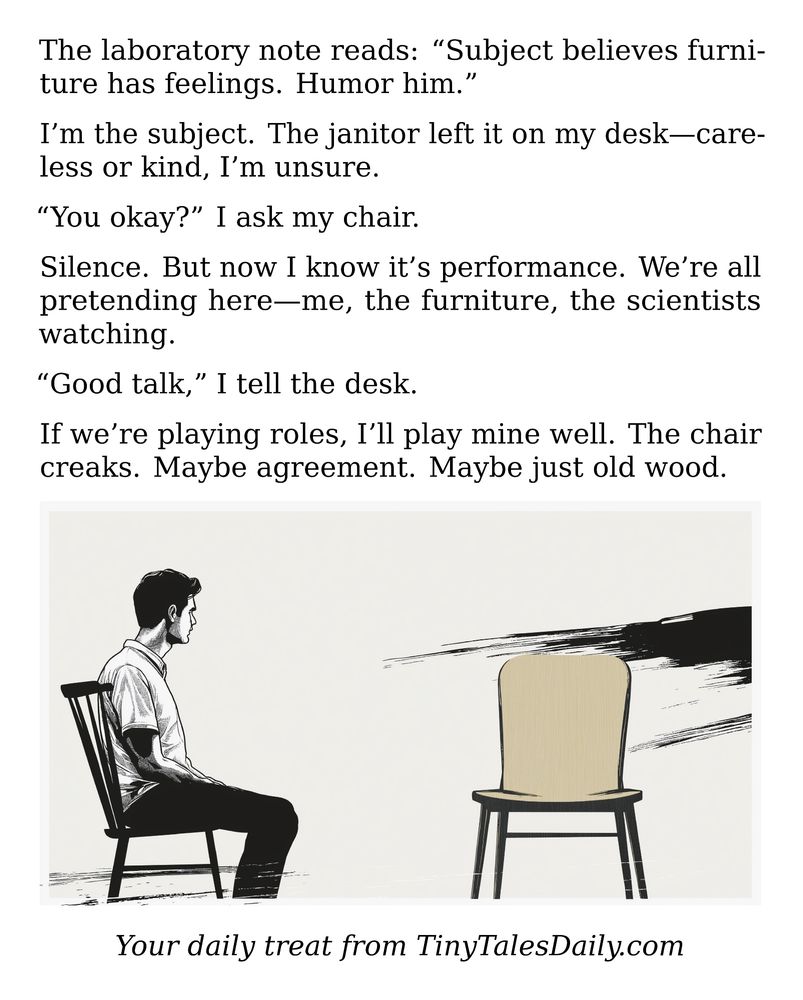 The laboratory note reads: "Subject believes furniture has feelings. Humor him."

I'm the subject. The janitor left it on my desk—careless or kind, I'm unsure.

"You okay?" I ask my chair.

Silence. But now I know it's performance. We're all pretending here—me, the furniture, the scientists watching.

"Good talk," I tell the desk.

If we're playing roles, I'll play mine well. The chair creaks. Maybe agreement. Maybe just old wood.

---

*Enjoyed today's story? Share your thoughts and follow us for more tiny daily tales.*

#vcc365 #MentalHealth #Psychology #Humor #Weird #Strange #Philosophy #Experiment #Delusion
