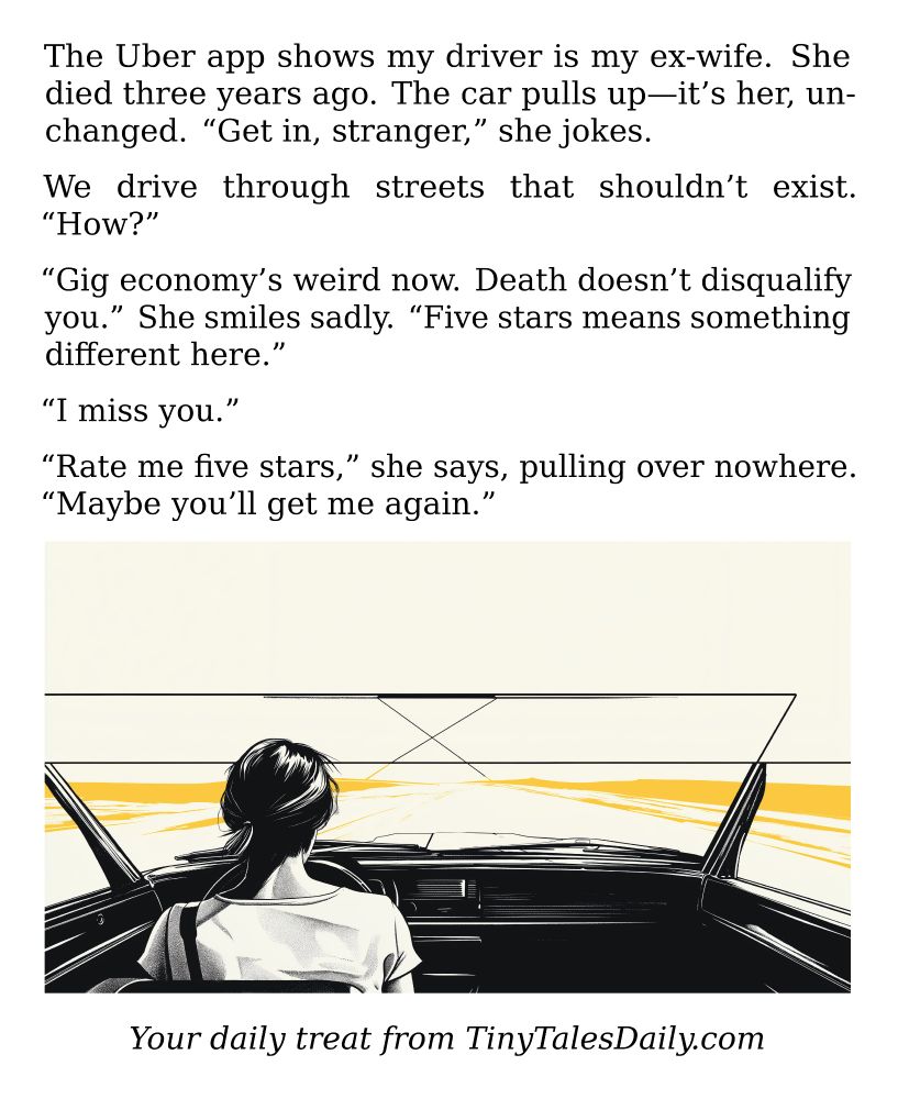 The Uber app shows my driver is my ex-wife. She died three years ago. The car pulls up—it's her, unchanged. 