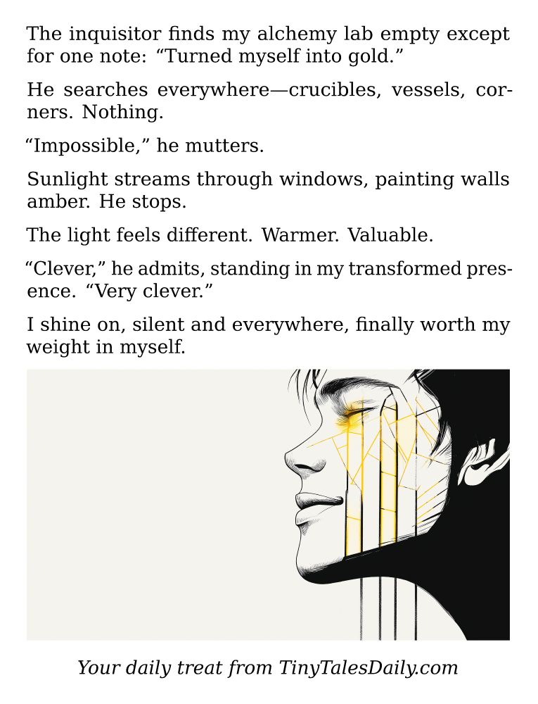 The inquisitor finds my alchemy lab empty except for one note: "Turned myself into gold."

He searches everywhere—crucibles, vessels, corners. Nothing.

"Impossible," he mutters.

Sunlight streams through windows, painting walls amber. He stops.

The light feels different. Warmer. Valuable.

"Clever," he admits, standing in my transformed presence. "Very clever."

I shine on, silent and everywhere, finally worth my weight in myself.

---

*Enjoyed today's story? Share your thoughts and follow us for more tiny daily tales.*

#vcc365 #Alchemy #Gold #Magic #Transformation #Mystery #Fantasy #Wizardry #Enigma

