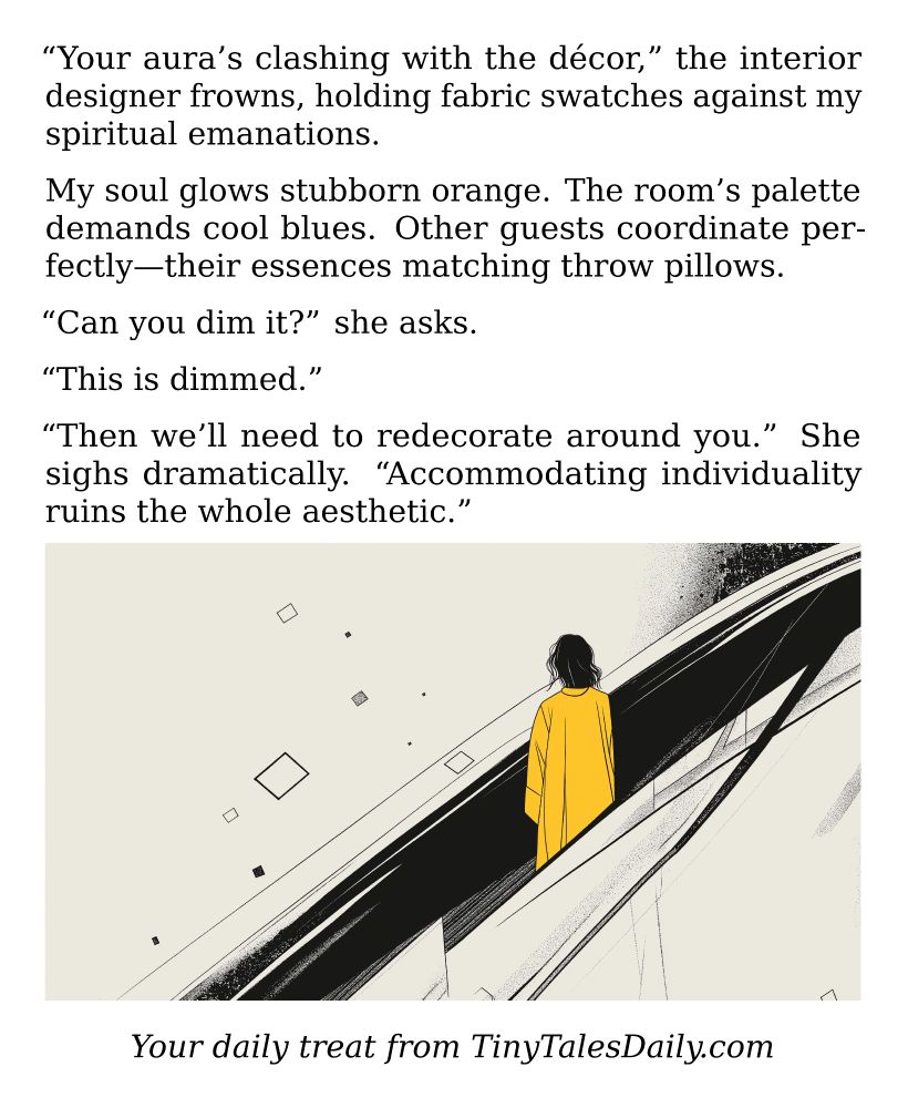 "Your aura's clashing with the décor," the interior designer frowns, holding fabric swatches against my spiritual emanations.

My soul glows stubborn orange. The room's palette demands cool blues. Other guests coordinate perfectly—their essences matching throw pillows.

"Can you dim it?" she asks.

"This is dimmed."

"Then we'll need to redecorate around you." She sighs dramatically. "Accommodating individuality ruins the whole aesthetic."

---

*Enjoyed today's story? Share your thoughts and follow us for more tiny daily tales.*

#vcc365 #Aura #InteriorDesign #Spirituality #Aesthetics #Individuality #Soul #Energy #Vibes

