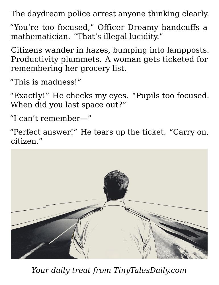 The daydream police arrest anyone thinking clearly.

"You're too focused," Officer Dreamy handcuffs a mathematician. "That's illegal lucidity."

Citizens wander in hazes, bumping into lampposts. Productivity plummets. A woman gets ticketed for remembering her grocery list.

"This is madness!"

"Exactly!" He checks my eyes. "Pupils too focused. When did you last space out?"

"I can't remember—"

"Perfect answer!" He tears up the ticket. "Carry on, citizen."

---

*Enjoyed today's story? Share your thoughts and follow us for more tiny daily tales.*

#vcc365 #Daydream #Imagination #Satire #Humor #Dystopia #Absurd #ThoughtPolice #Creativity
