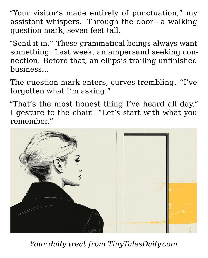 "Your visitor's made entirely of punctuation," my assistant whispers. Through the door—a walking question mark, seven feet tall.

"Send it in." These grammatical beings always want something. Last week, an ampersand seeking connection. Before that, an ellipsis trailing unfinished business...

The question mark enters, curves trembling. "I've forgotten what I'm asking."

"That's the most honest thing I've heard all day." I gesture to the chair. "Let's start with what you remember."

---

*Enjoyed today's story? Share your thoughts and follow us for more tiny daily tales.*

#vcc365 #Punctuation #Grammar #QuestionMark #Wordplay #Humor #Surreal #Writing #Language
