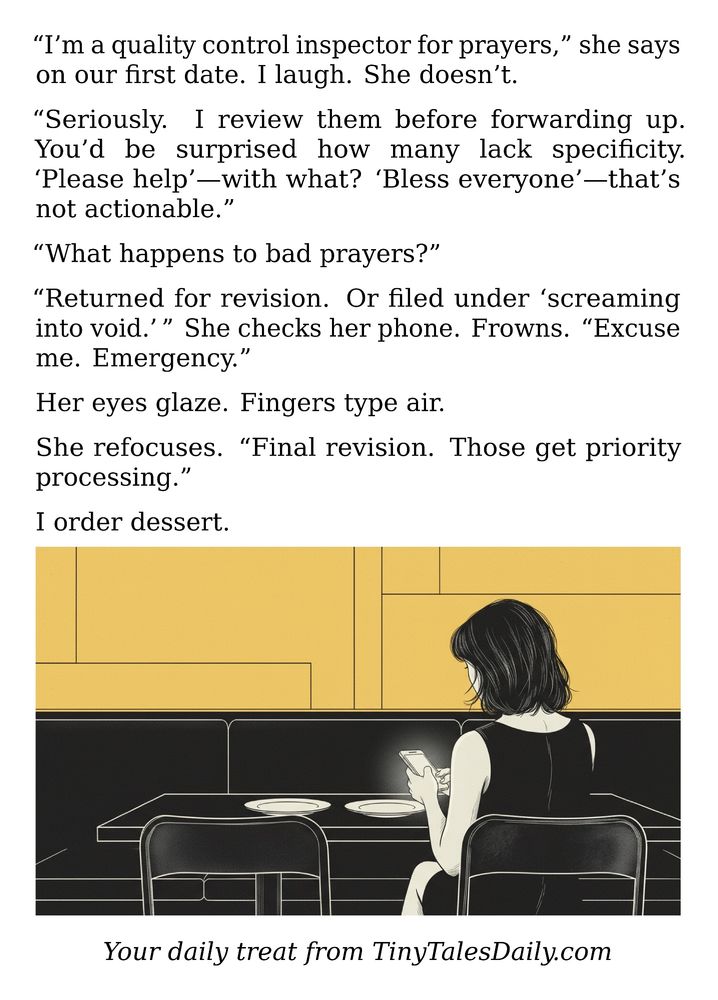 "I'm a quality control inspector for prayers," she says on our first date. I laugh. She doesn't.

"Seriously. I review them before forwarding up. You'd be surprised how many lack specificity. 'Please help'—with what? 'Bless everyone'—that's not actionable."

"What happens to bad prayers?"

"Returned for revision. Or filed under 'screaming into void.'" She checks her phone. Frowns. "Excuse me. Emergency."

Her eyes glaze. Fingers type air.

She refocuses. "Final revision. Those get priority processing."

I order dessert.

---

*Enjoyed today's story? Share your thoughts and follow us for more tiny daily tales.*

#Prayer #Faith #Spirituality #Humor #Dating #Surreal #Fantasy #Weird

Your daily treat from TinyTalesDaily.com