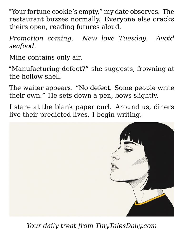 "Your fortune cookie's empty," my date observes. The restaurant buzzes normally. Everyone else cracks theirs open, reading futures aloud.

*Promotion coming. New love Tuesday. Avoid seafood.*

Mine contains only air.

"Manufacturing defect?" she suggests, frowning at the hollow shell.

The waiter appears. "No defect. Some people write their own." He sets down a pen, bows slightly.

I stare at the blank paper curl. Around us, diners live their predicted lives. I begin writing.

---

*Enjoyed today's story? Share your thoughts and follow us for more tiny daily tales.*

#FortuneCookie #Destiny #Fate #Inspiration #Motivation #Philosophy #LifeLessons #SelfDetermination

Your daily treat from TinyTalesDaily.com