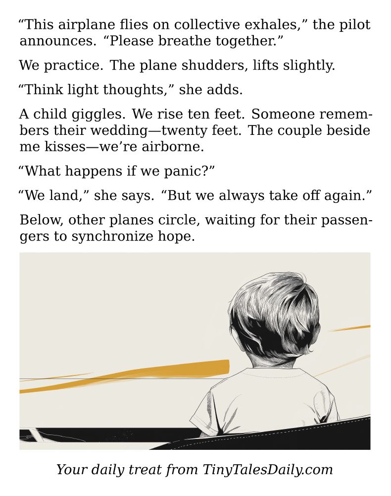 "This airplane flies on collective exhales," the pilot announces. "Please breathe together."

We practice. The plane shudders, lifts slightly.

"Think light thoughts," she adds.

A child giggles. We rise ten feet. Someone remembers their wedding—twenty feet. The couple beside me kisses—we're airborne.

"What happens if we panic?"

"We land," she says. "But we always take off again."

Below, other planes circle, waiting for their passengers to synchronize hope.

---

*Enjoyed today's story? Share your thoughts and follow us for more tiny daily tales.*

#vcc365 #Aviation #Flying #Hope #Unity #PositiveThinking #Mindfulness #Breathwork #Imagination
