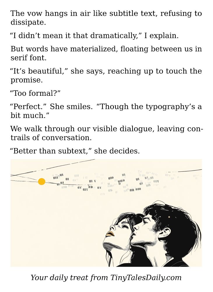 The vow hangs in air like subtitle text, refusing to dissipate.

"I didn't mean it that dramatically," I explain.

But words have materialized, floating between us in serif font.

"It's beautiful," she says, reaching up to touch the promise.

"Too formal?"

"Perfect." She smiles. "Though the typography's a bit much."

We walk through our visible dialogue, leaving contrails of conversation.

"Better than subtext," she decides.

---

*Enjoyed today's story? Share your thoughts and follow us for more tiny daily tales.*

#vcc365 #Fantasy #Magic #Surreal #Love #Promise #Words #Typography #Conversation

