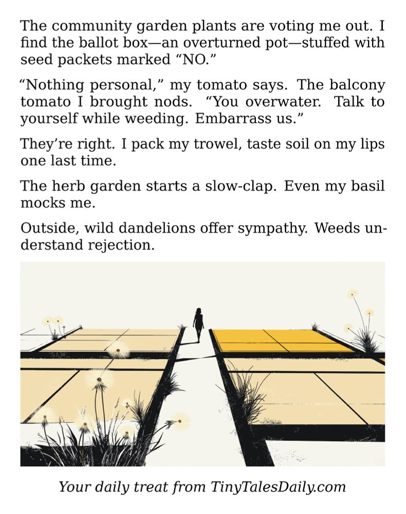 The community garden plants are voting me out. I find the ballot box—an overturned pot—stuffed with seed packets marked "NO."

"Nothing personal," my tomato says. The balcony tomato I brought nods. "You overwater. Talk to yourself while weeding. Embarrass us."

They're right. I pack my trowel, taste soil on my lips one last time.

The herb garden starts a slow-clap. Even my basil mocks me.

Outside, wild dandelions offer sympathy. Weeds understand rejection.

---

*Enjoyed today's story? Share your thoughts and follow us for more tiny daily tales.*

#Gardening #Plants #CommunityGarden #Tomato #Herbs #Weeds #Nature #Humor

Your daily treat from TinyTalesDaily.com