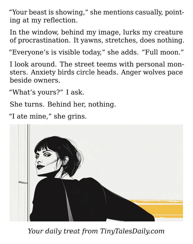 "Your beast is showing," she mentions casually, pointing at my reflection.

In the window, behind my image, lurks my creature of procrastination. It yawns, stretches, does nothing.

"Everyone's is visible today," she adds. "Full moon."

I look around. The street teems with personal monsters. Anxiety birds circle heads. Anger wolves pace beside owners.

"What's yours?" I ask.

She turns. Behind her, nothing.

"I ate mine," she grins.

---

*Enjoyed today's story? Share your thoughts and follow us for more tiny daily tales.*

#vcc365 #FullMoon #Monsters #Procrastination #Anxiety #Anger #InnerDemons #Supernatural #MentalHealth
