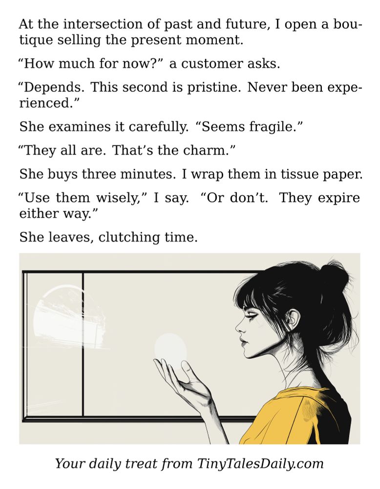 At the intersection of past and future, I open a boutique selling the present moment.

"How much for now?" a customer asks.

"Depends. This second is pristine. Never been experienced."

She examines it carefully. "Seems fragile."

"They all are. That's the charm."

She buys three minutes. I wrap them in tissue paper.

"Use them wisely," I say. "Or don't. They expire either way."

She leaves, clutching time.

---

*Enjoyed today's story? Share your thoughts and follow us for more tiny daily tales.*

#vcc365 #Time #PresentMoment #Mindfulness #Philosophy #CarpeDiem #LiveInTheMoment #Wisdom #Inspiration
