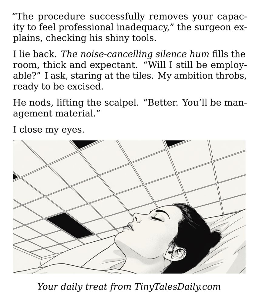 "The procedure successfully removes your capacity to feel professional inadequacy," the surgeon explains, checking his shiny tools.

I lie back. *The noise-cancelling silence hum* fills the room, thick and expectant. "Will I still be employable?" I ask, staring at the tiles. My ambition throbs, ready to be excised.

He nods, lifting the scalpel. "Better. You'll be management material."

I close my eyes.

---

*Enjoyed today's story? Share your thoughts and follow us for more tiny daily tales.*

#CorporateLife #Management #ImposterSyndrome #Career #Leadership #MentalHealth #WorkLife #Business

Your daily treat from TinyTalesDaily.com