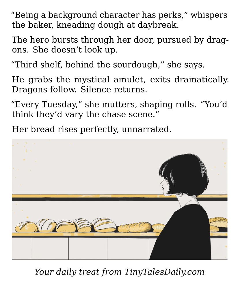 "Being a background character has perks," whispers the baker, kneading dough at daybreak.

The hero bursts through her door, pursued by dragons. She doesn't look up.

"Third shelf, behind the sourdough," she says.

He grabs the mystical amulet, exits dramatically. Dragons follow. Silence returns.

"Every Tuesday," she mutters, shaping rolls. "You'd think they'd vary the chase scene."

Her bread rises perfectly, unnarrated.

---

*Enjoyed today's story? Share your thoughts and follow us for more tiny daily tales.*

#vcc365 #Fantasy #Dragons #Baking #Hero #Magic #Adventure #Humor #Storytelling
