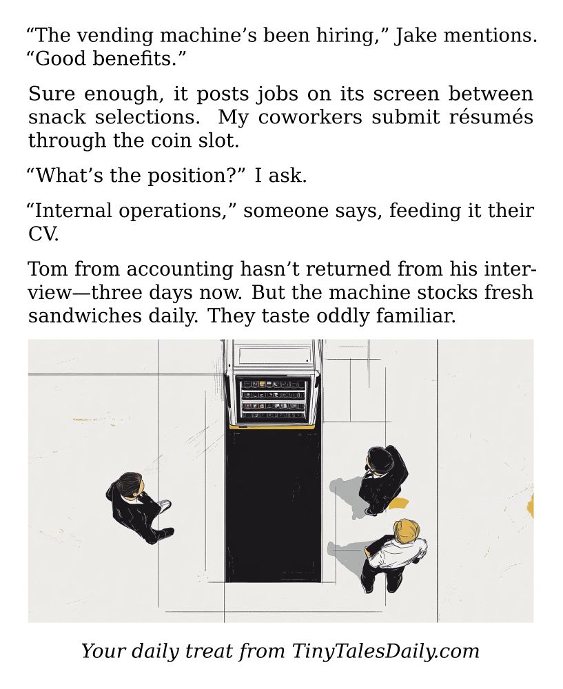 "The vending machine's been hiring," Jake mentions. "Good benefits."

Sure enough, it posts jobs on its screen between snack selections. My coworkers submit résumés through the coin slot.

"What's the position?" I ask.

"Internal operations," someone says, feeding it their CV.

Tom from accounting hasn't returned from his interview—three days now. But the machine stocks fresh sandwiches daily. They taste oddly familiar.

---

*Enjoyed today's story? Share your thoughts and follow us for more tiny daily tales.*

#Horror #Creepy #Weird #Surreal #DarkHumor #Mystery #Fiction #OfficeLife

Your daily treat from TinyTalesDaily.com