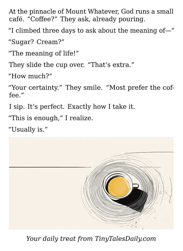 At the pinnacle of Mount Whatever, God runs a small café. "Coffee?" They ask, already pouring.

"I climbed three days to ask about the meaning of—"

"Sugar? Cream?"

"The meaning of life!"

They slide the cup over. "That's extra."

"How much?"

"Your certainty." They smile. "Most prefer the coffee."

I sip. It's perfect. Exactly how I take it.

"This is enough," I realize.

"Usually is."

---

*Enjoyed today's story? Share your thoughts and follow us for more tiny daily tales.*

#vcc365 #CoffeeLovers #CafeLife #MeaningOfLife #SpiritualJourney #MountainClimb #DivineEncounter #LifeLessons #CoffeeMoments
