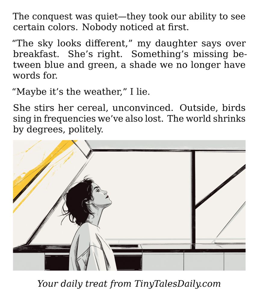 The conquest was quiet—they took our ability to see certain colors. Nobody noticed at first.

"The sky looks different," my daughter says over breakfast. She's right. Something's missing between blue and green, a shade we no longer have words for.

"Maybe it's the weather," I lie.

She stirs her cereal, unconvinced. Outside, birds sing in frequencies we've also lost. The world shrinks by degrees, politely.

---

*Enjoyed today's story? Share your thoughts and follow us for more tiny daily tales.*

#vcc365 #SciFi #Dystopia #AlienInvasion #Colors #Perception #Conquest #Mystery #Loss

