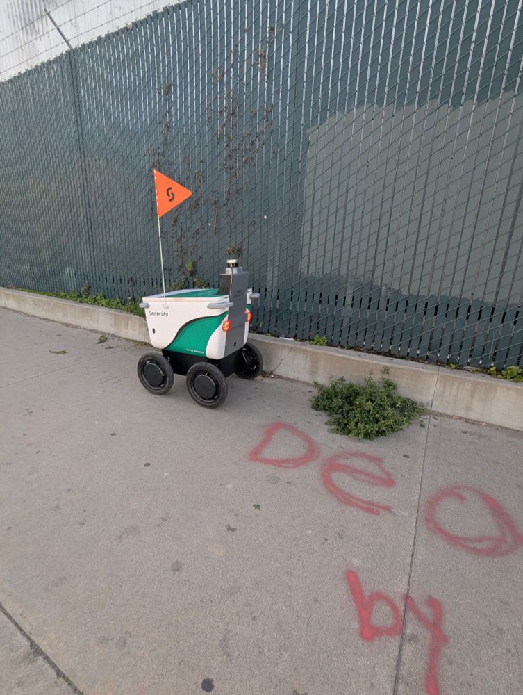 A good delivery robot in the sidewalk behind a patch of green plants