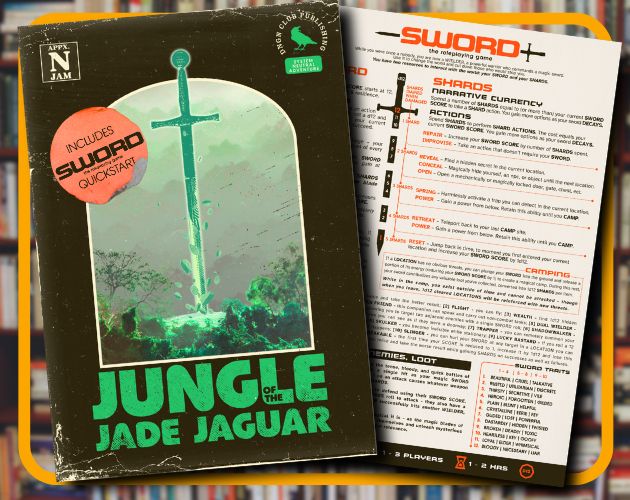 the cover of JUNGLE OF THE JADE JAGUAR with the one sheet of SWORD peaking out behind it.