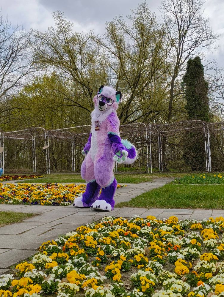 Kai standing next to some flower fields, extending his hand