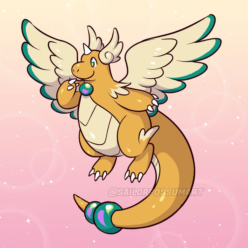 A redesign of mega Dragonite, with big feathery wings with green tips on its back, a smaller pair of wings on its head, 2 iridescent dark green pearls on its tail and one on its neck.
