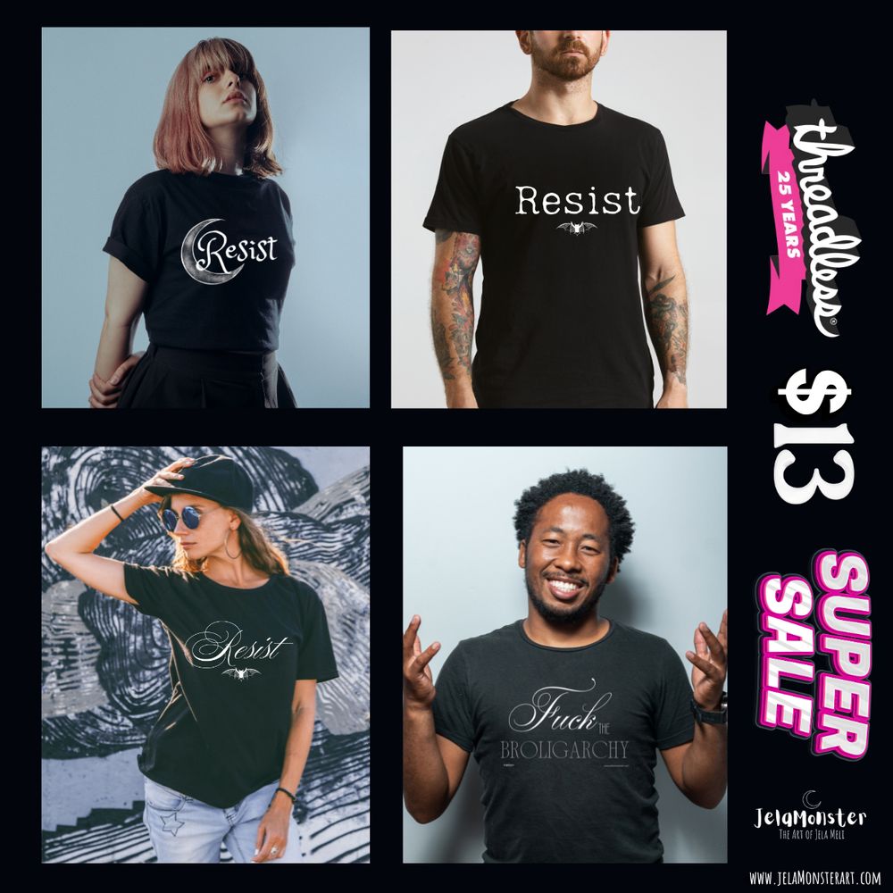 Marketing photo for JelaMonster the Art of Jela Meli with various tee shirt designs
