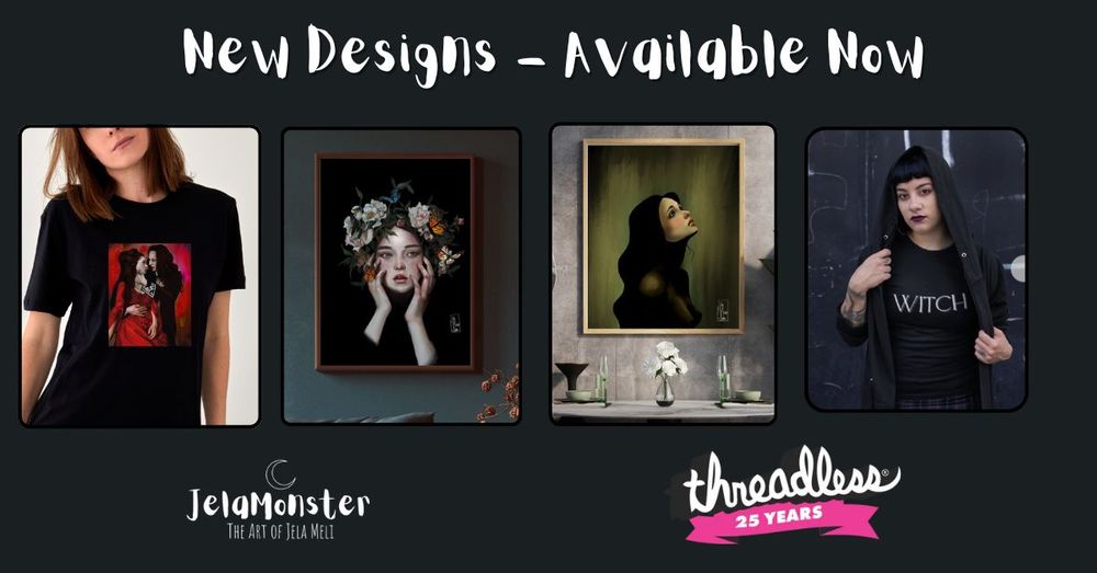 Marketing photo for JelaMonster the Art of Jela Meli with various tee shirt designs and art prints