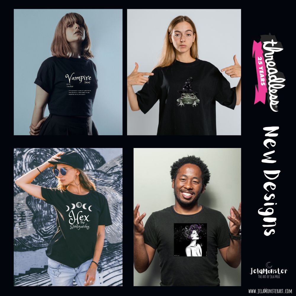 Marketing photo for JelaMonster the Art of Jela Meli with various tee shirt designs