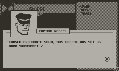 An RPG game screenshot for playdate. The character Captain Regeel says "Cursed Archonate scum, this defeat has set us back significantly."