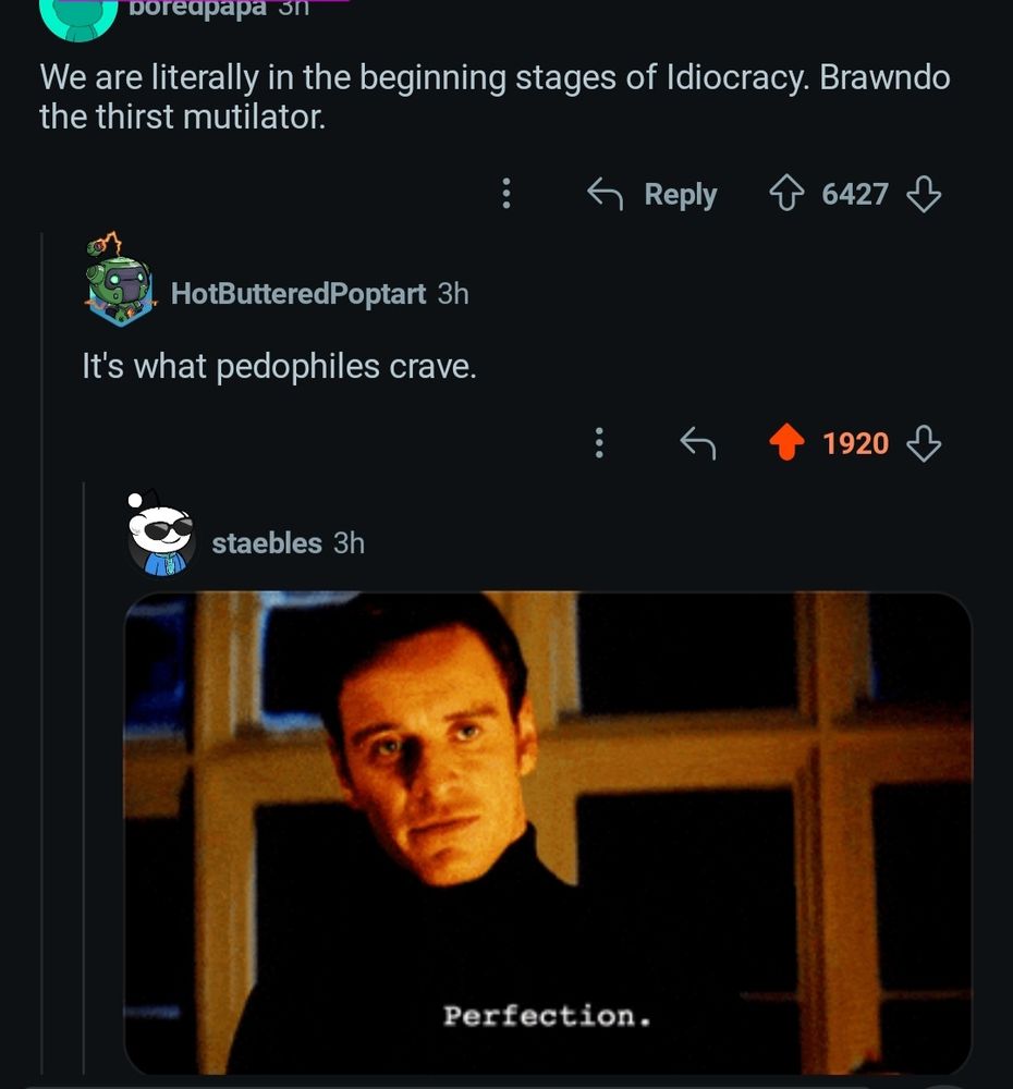 Replys under a video the Whitehouse posted with a wrestler like entrance by definitely not DJT.
"We are literally in the beginning stages of idiocracy. Brandon the thirst mutilator."
Next reply-
"Its what pedophiles crave."
Followed by the "perfection" reaction meme