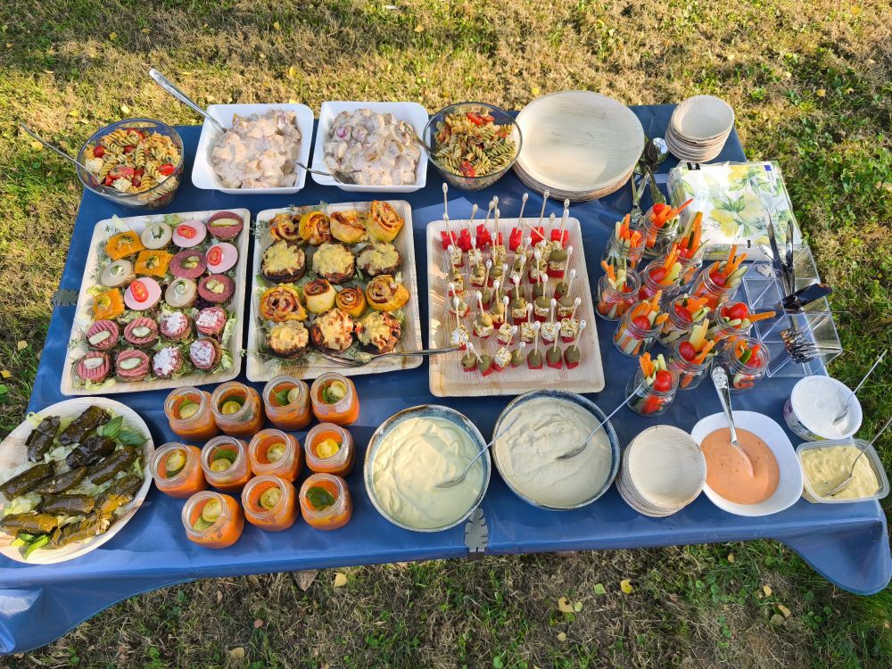 Buffettisch im Freien mit verschiedenen kalten und warmen Speisen, darunter belegte Brote, Blätterteigschnecken, gefüllte Portobellos, Vetamelonenpieße, Gemüse-Sticks in Gläsern, Dips, gefüllte Weinblätter, Nudelsalat, Kartoffelsalat und kleine Gläser mit Gaspaccio. 